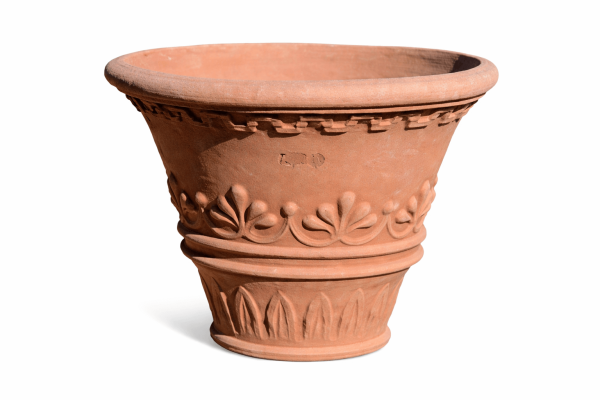 Reich verzierter runder Terracottatopf aus Impruneta mit byzantinischen Ornamenten, frostfest